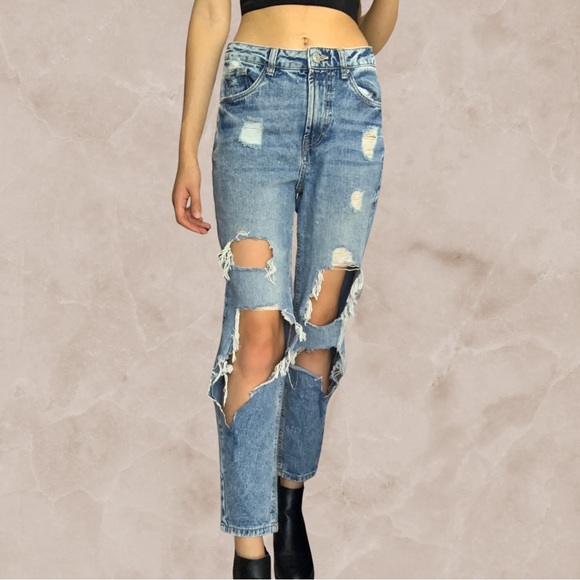 Distressed High Waisted Mom Jeans - Picture 1 of 2